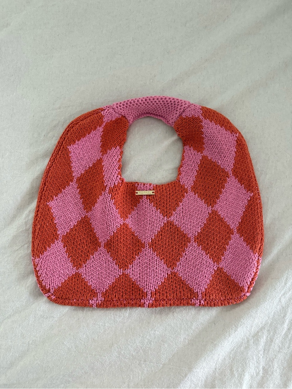 Kopari Pink and Red Argyle Knit Mini Bag